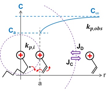 Schematic representation of the diffusion limitation to the propagation rate due to electrostatic repulsion between the charged moieties of a propagating radical and the approaching monomer